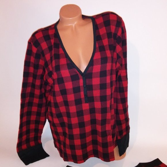 Victoria Secret Pajama Set XXL Top & Shorts Bottom Red Black Checkered Long Slee - Picture 3 of 9